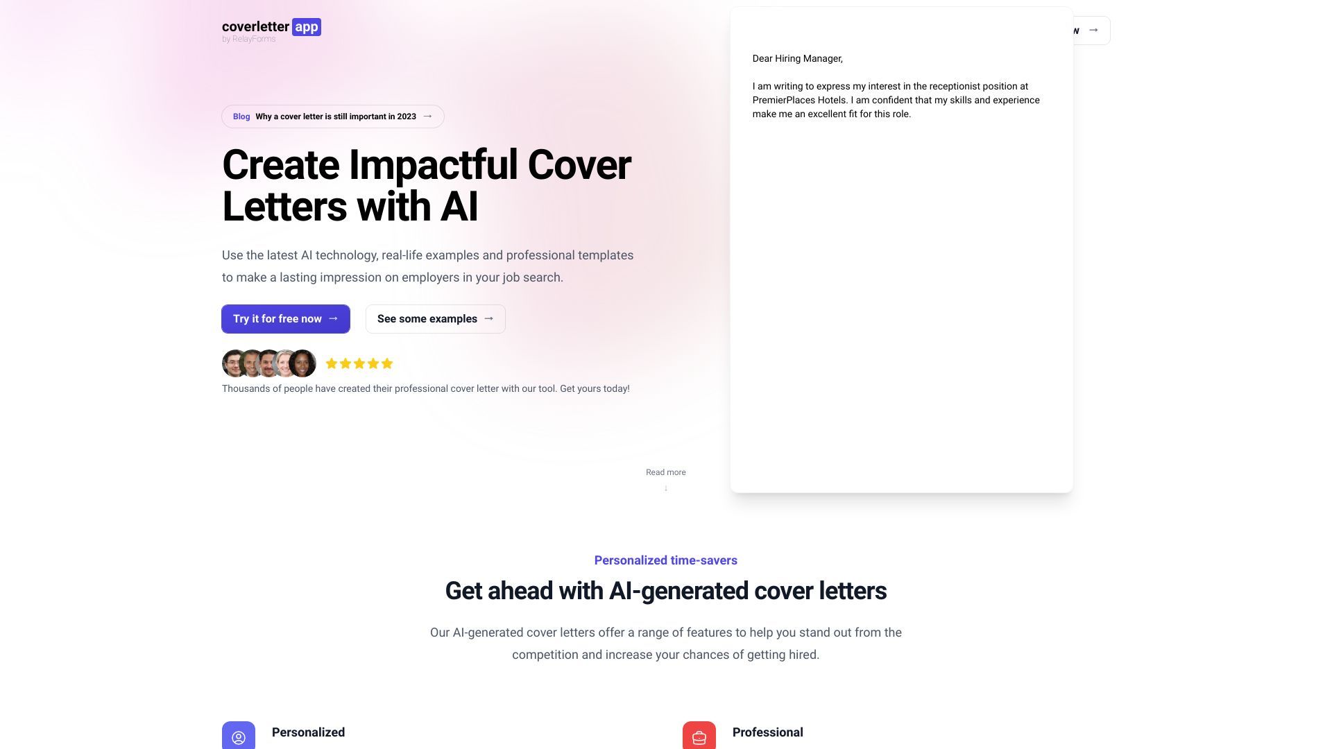 AI Cover Letters, Examples & Templates | coverletter.app image