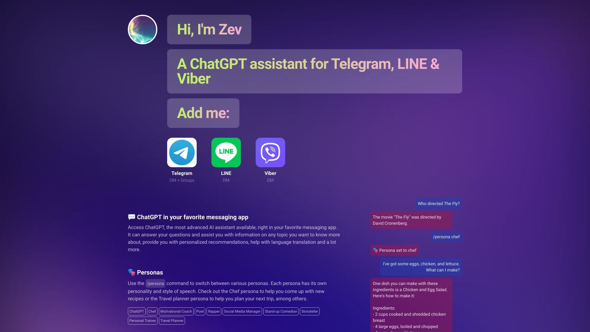 Zev - ChatGPT for Telegram, LINE & Viber image